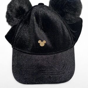 Disney Black Velvet Disney Cap with Gold Logo and Pom Pom Ears